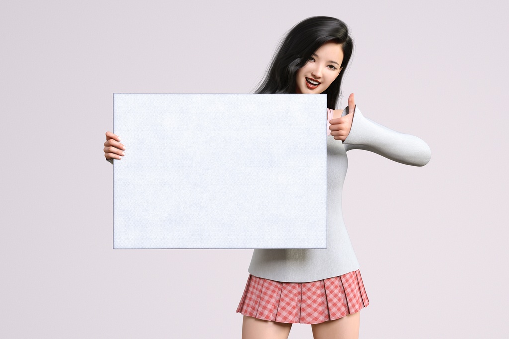 ホワイトボードを片手に持ちgoodサインをする女性