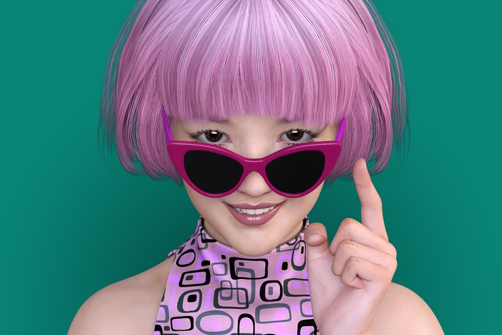 ピンク色のファッションの女の子がサングラスをずらして上目遣い