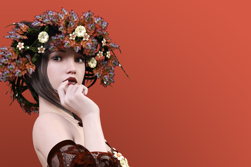 花の冠をかぶり指を口に当てながらこちらを見る女性