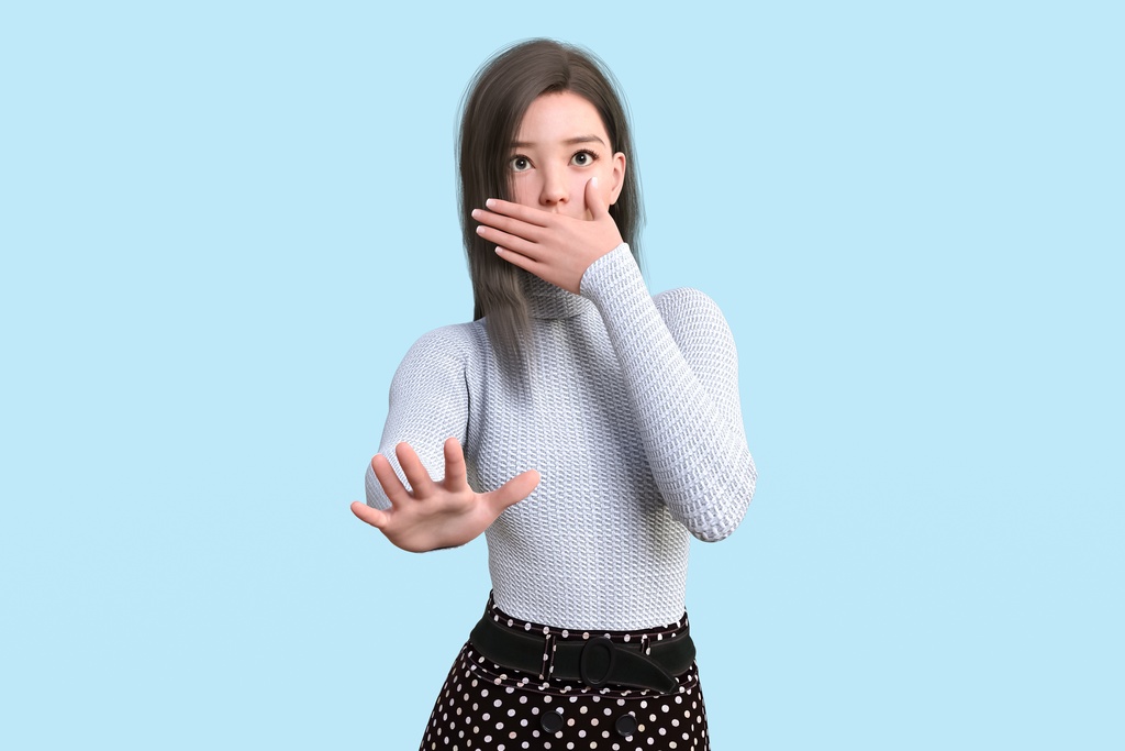 驚いて口を押さえて「待て」のポーズをする女性