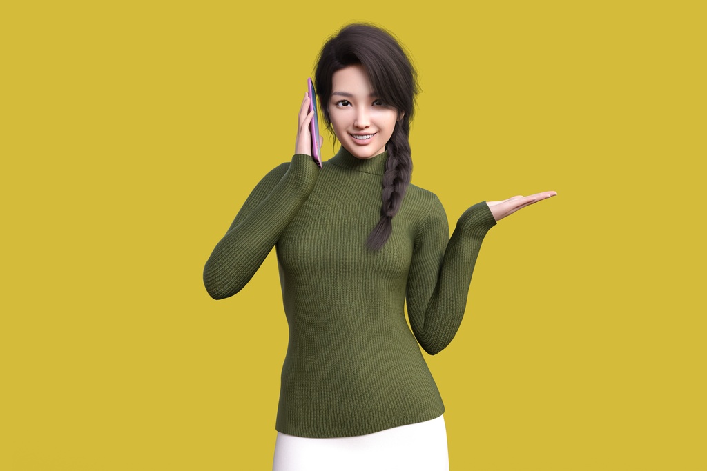 電話をしながら案内ポーズをする女性