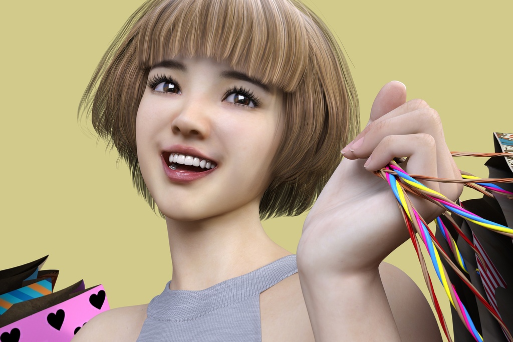 栗色の髪の毛の女の子が楽しそうに買い物袋をたくさん持ちショッピング