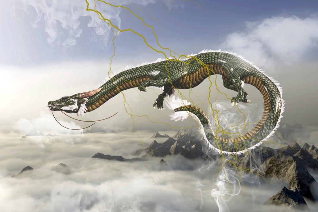 日本古来の伝説の龍が霞んだ空を飛んでいる
