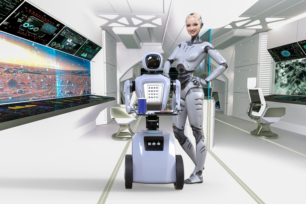 宇宙船内でヒューマノイドロボットがワーキングロボットの肩に手を置き微笑む