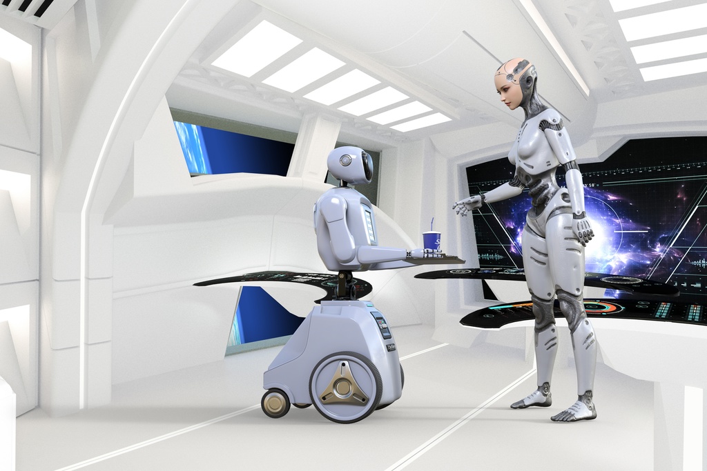 宇宙船内でヒューマノイドロボットとワーキングロボットが会話をしている