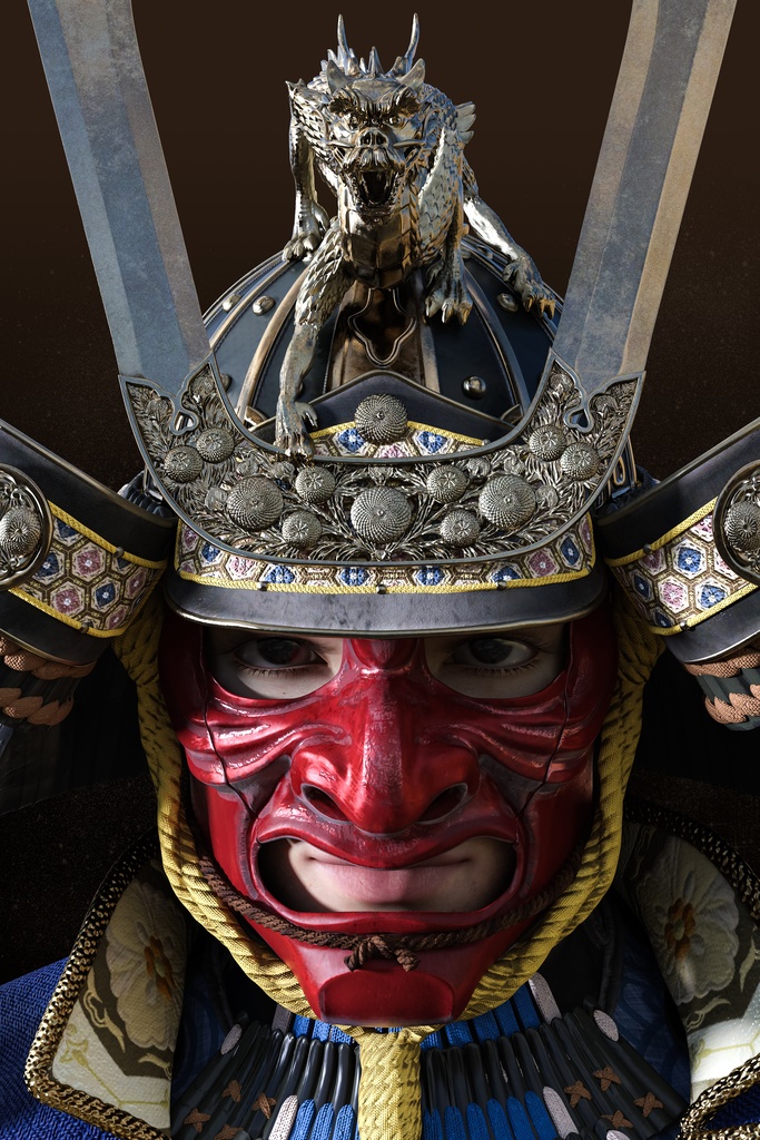 兜をかぶり赤い鬼の仮面をつけた武将が甲冑を身に付け鋭い眼光を向ける
