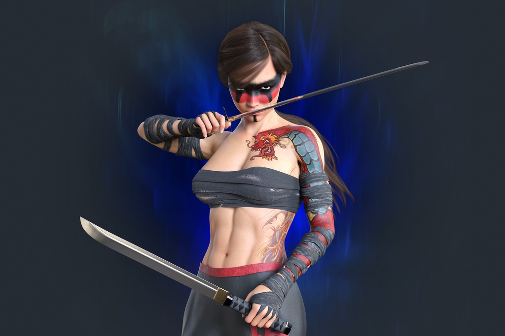 龍の入れ墨の女剣士が刀を構えて戦う