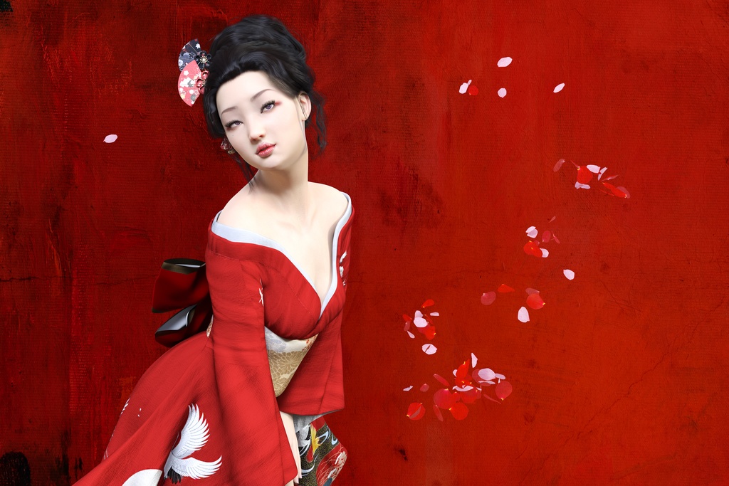赤い和服の着物を着た日本髪の妖艶な女性