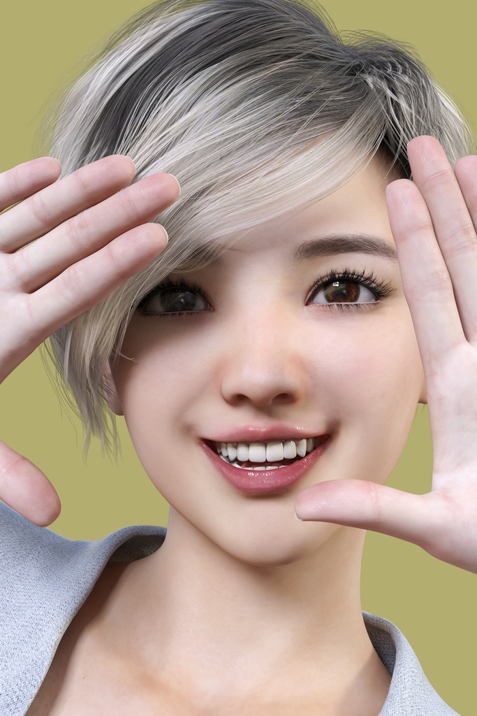 笑顔の可愛い女性が両手を広げ三角を作ろうとしている