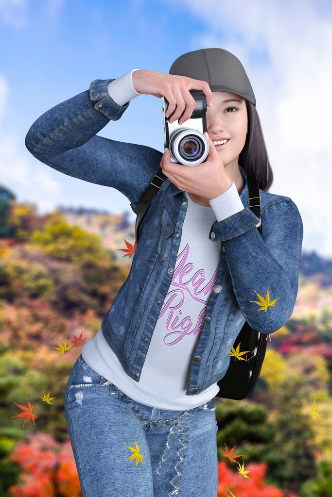 秋の紅葉を背景にカメラ撮影する笑顔の女性観光客