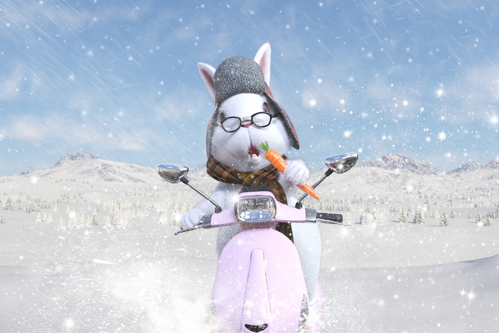 うさぎが吹雪の中バイクに乗って前進する