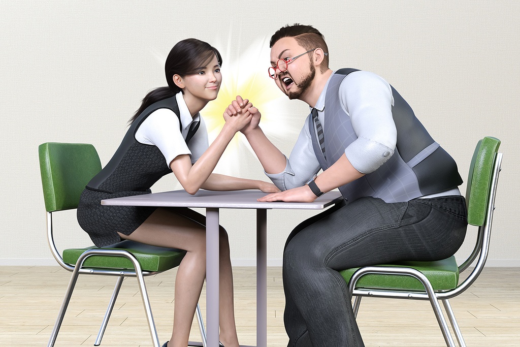 オフィスで男性社員と女性社員が腕相撲をしている