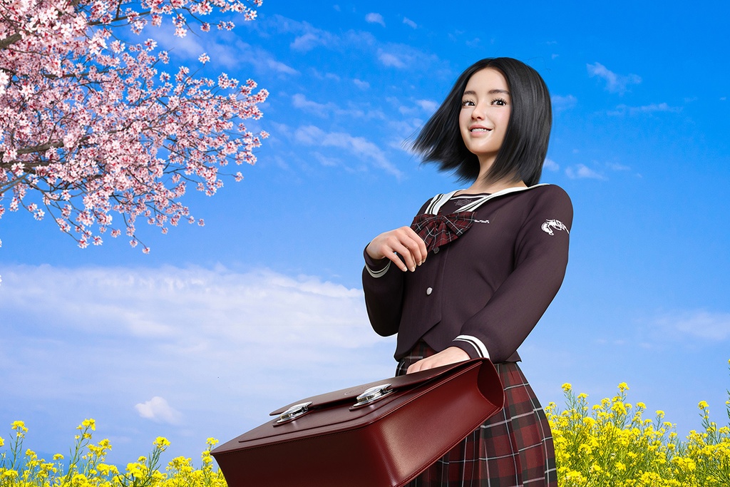 春の花が咲く季節に元気一杯に通学する女子高校生
