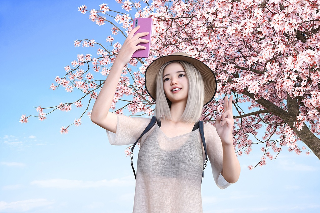 サクラの木を背景にスマートホンで自撮りをする可愛い女性