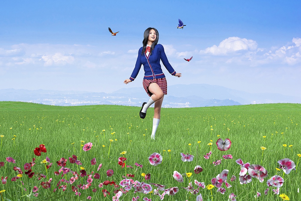 春の花が咲く草原で小鳥と楽しそうに踊る女子高生