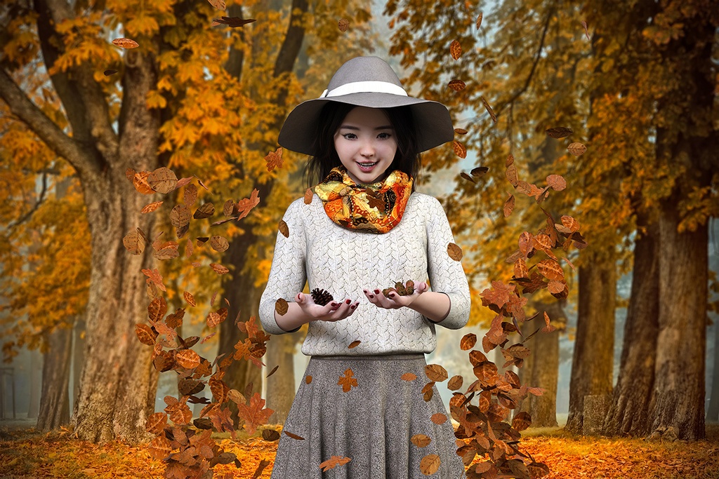 紅葉した森林を背景にどんぐりと松ぼっくりを拾って感動する女性旅行者