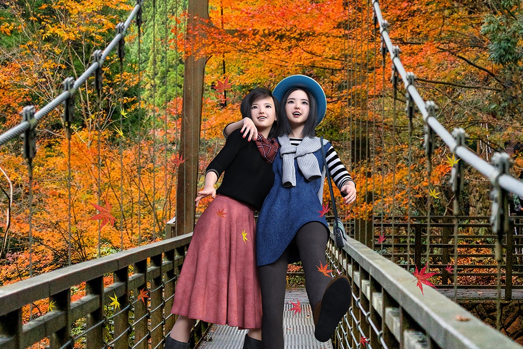 紅葉を背景に肩を組みながら、観光地でつり橋を渡る二人の女性旅行者