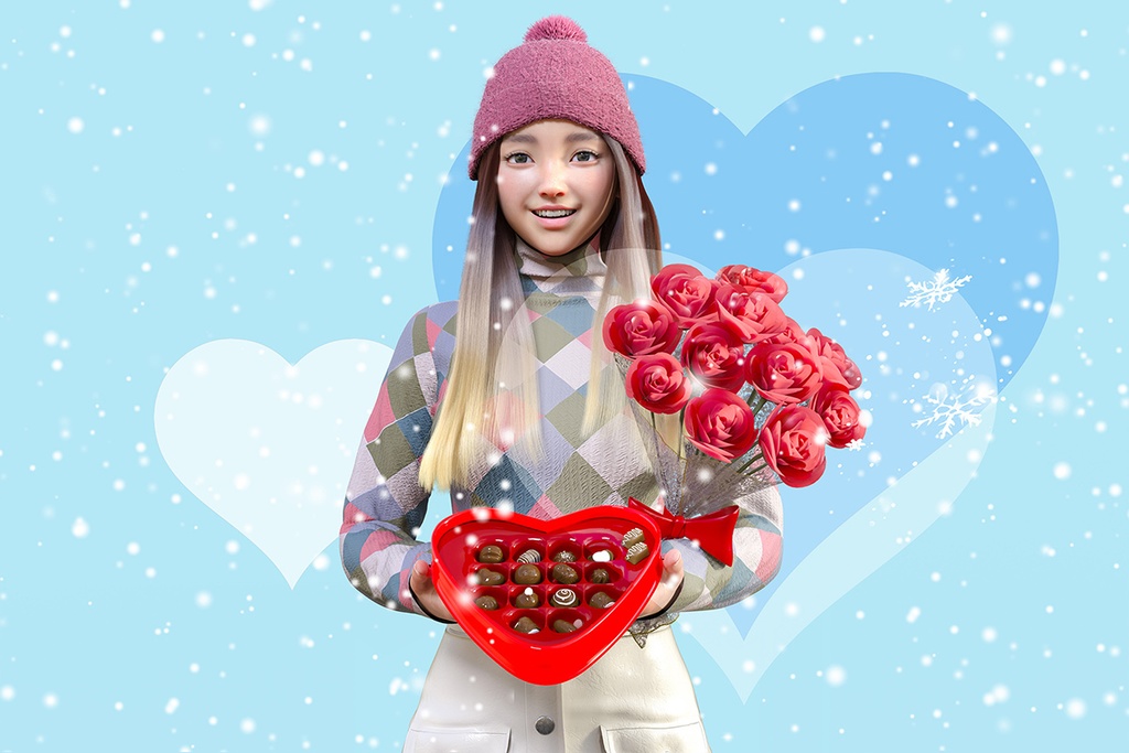 薔薇の花束とバレンタインチョコを持って告白する女の子