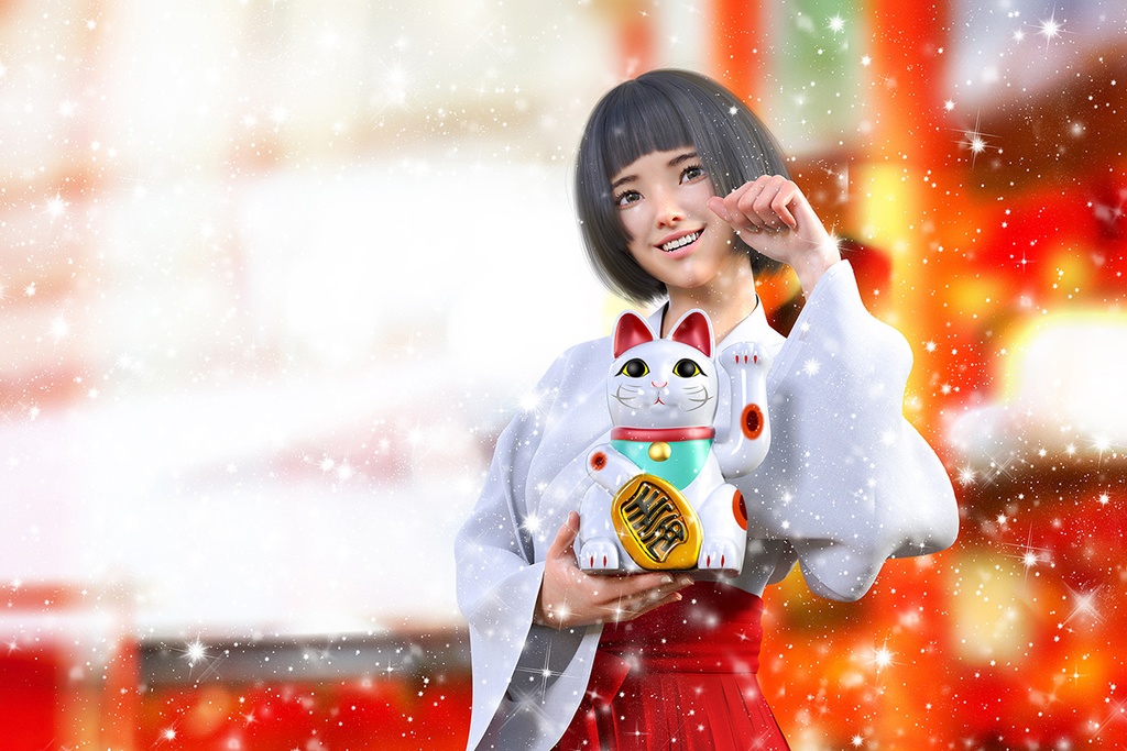雪の降る神社の境内で招き猫を手に持つ笑顔の巫女