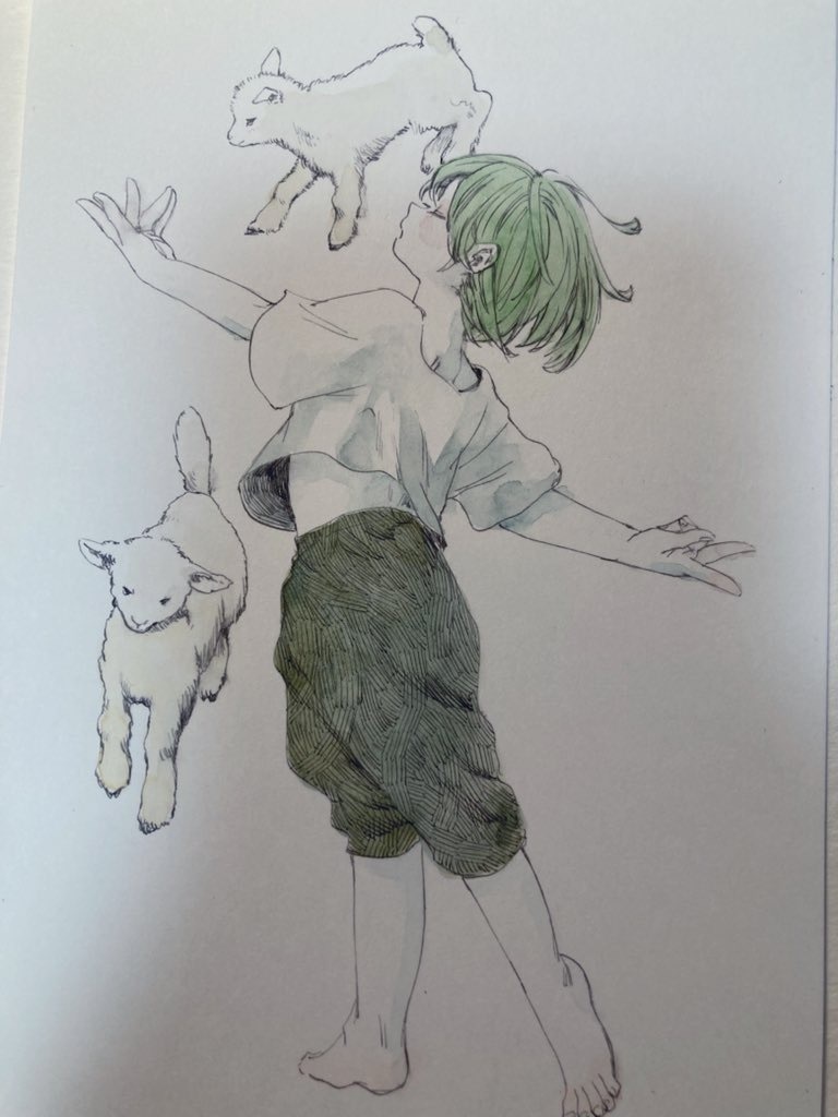 ハガキサイズ原画「ヒツジとダンス」