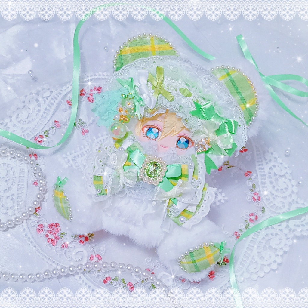 🍀‎🤍タータンチェック×ライトグリーン‪💚‎🤍くまちゃん