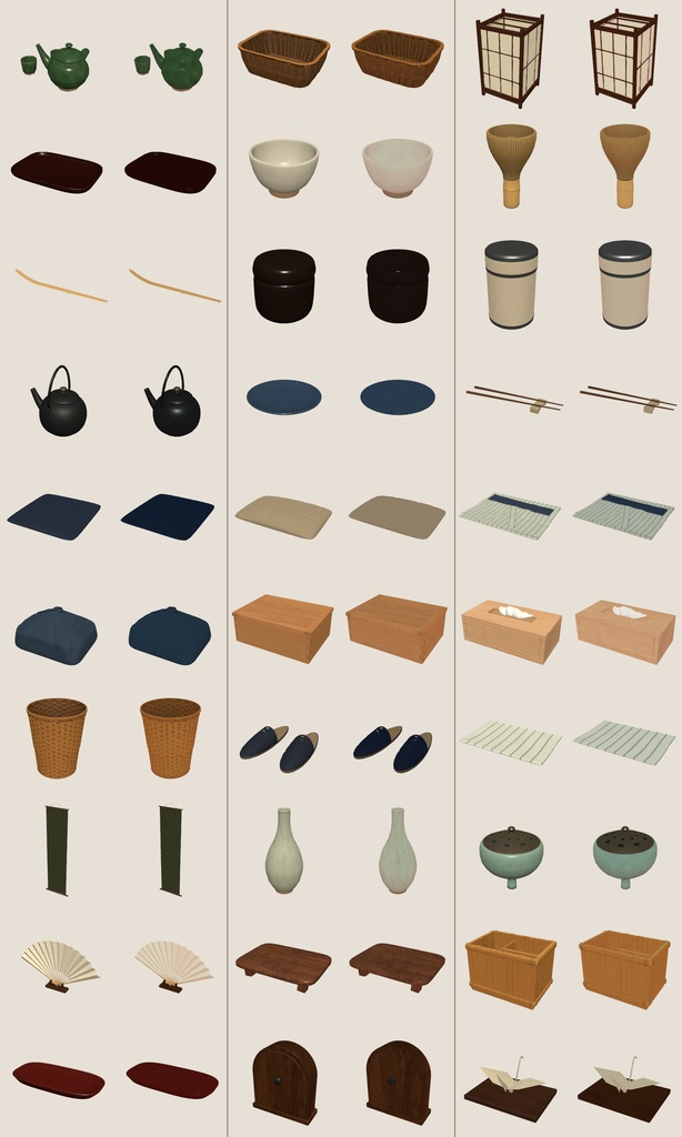 【VRChatワールド向け】和室小物30点セット 茶道具・行灯・掛け軸・座布団【Quest軽量・約20MB・古民家】