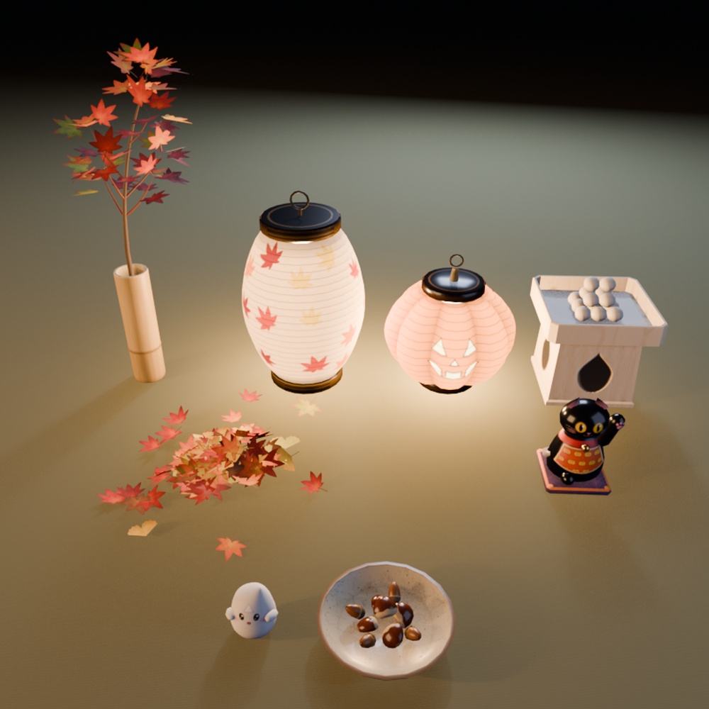 【VRChatワールド向け】秋の和小物8点 紅葉・月見団子・提灯・招き猫【Quest軽量・和風ハロウィン】
