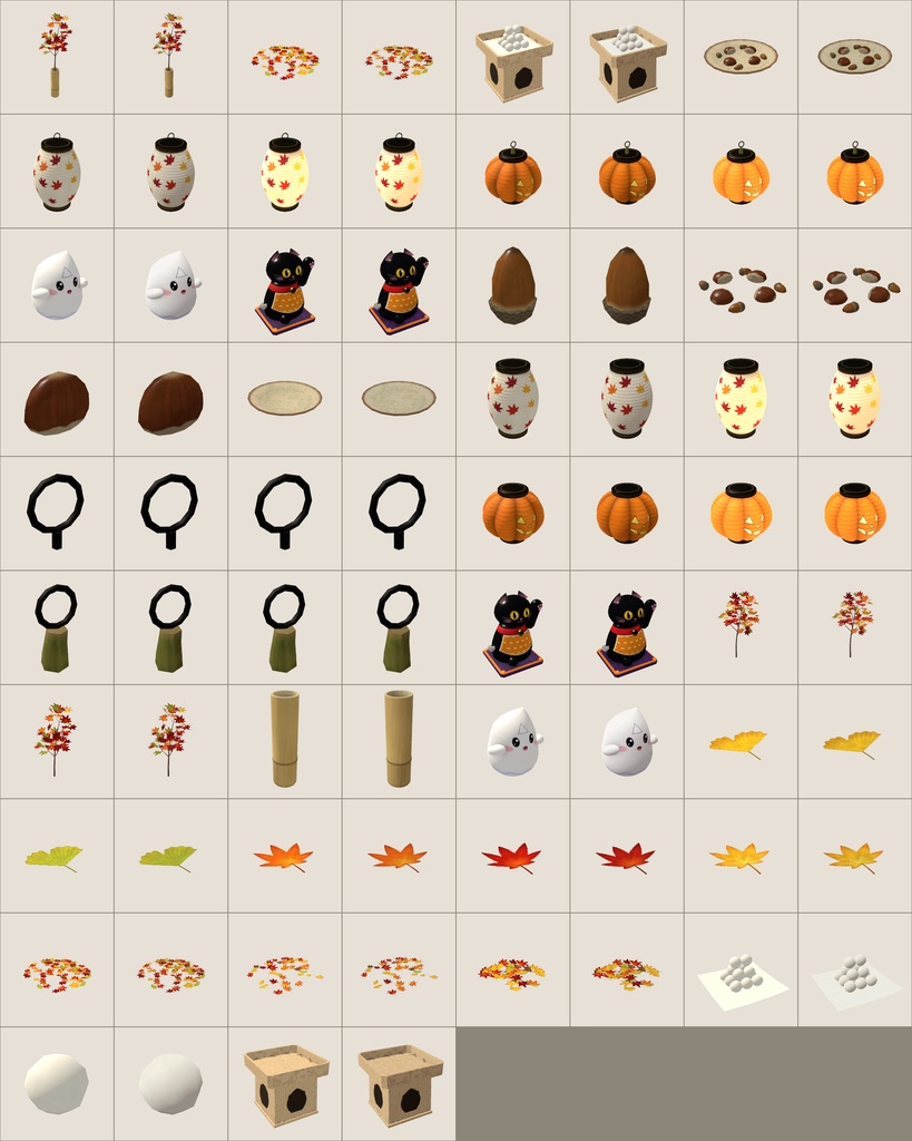 【VRChatワールド向け】秋の和小物8点 紅葉・月見団子・提灯・招き猫【Quest軽量・和風ハロウィン】