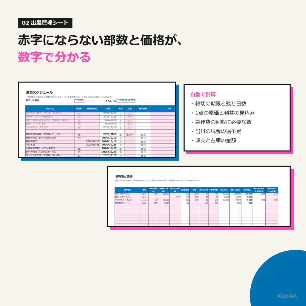 【Excel逆算スケジュール付き】同人イベント出展キット|お品書き・値札テンプレ/X告知文例30/持ち物リスト・当日の記録表