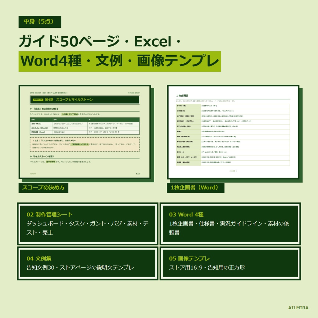 【間に合うか自動判定Excel】個人・同人ゲーム制作 進行管理キット|企画書・タスク・ガント・バグ管理・告知文例30