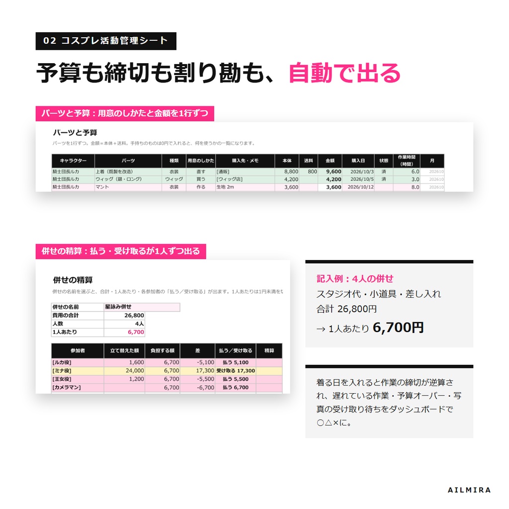 【予算・締切・割り勘Excel付き】コスプレイヤーの衣装制作・撮影の段取りキット|併せ募集要項・撮影リスト・文例54