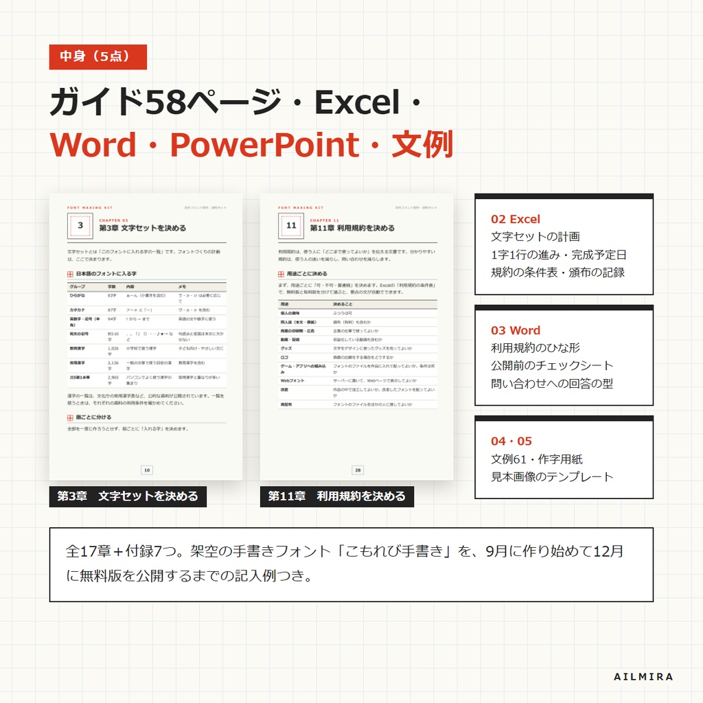 【文字の進み・完成予定日Excel付き】自作フォント制作・頒布キット|利用規約のひな形・作字用紙・文例61