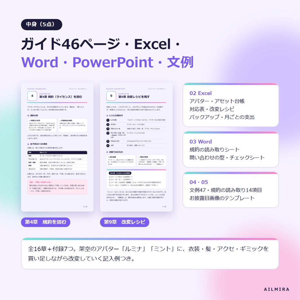 【規約チェック・対応表Excel付き】VRChatアバター改変の管理キット|アセット台帳・改変レシピ・問い合わせ文例