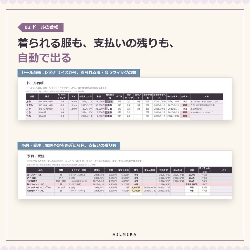 【サイズで合う服が分かるExcel付き】ドールオーナーのお迎え・ワードローブ管理キット|予約・予算・お手入れ