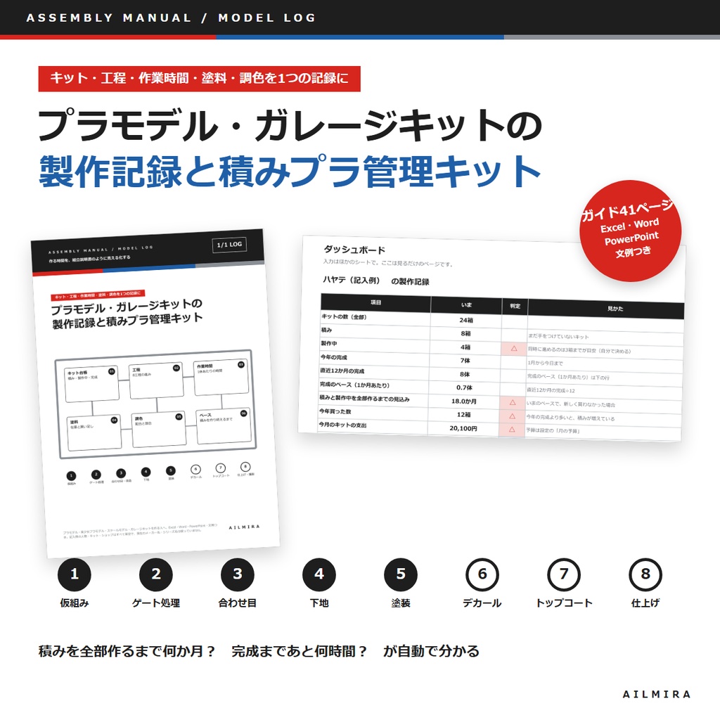 【積みプラ・工程・塗料管理Excel付き】プラモデル・ガレージキットの製作記録キット｜調色レシピ・作業時間