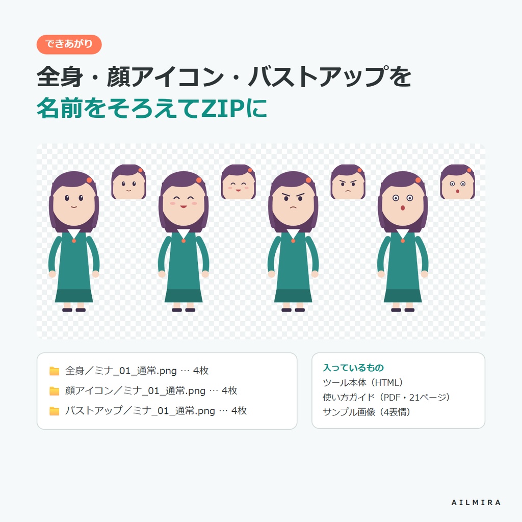 【インストール不要】立ち絵まとめて整えるツール|表情差分の余白カット・サイズ統一・顔アイコン一括・ZIP保存