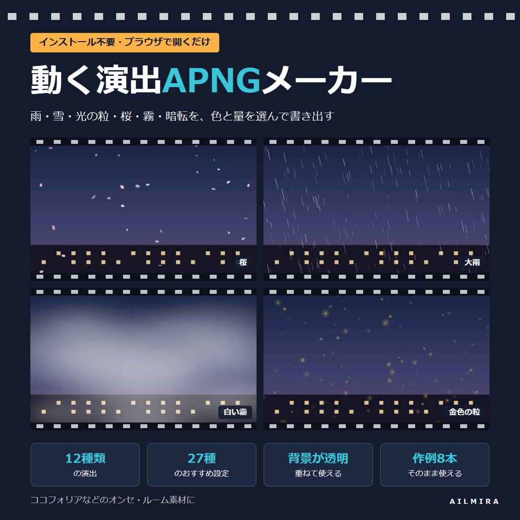 【インストール不要】動く演出APNGメーカー｜雨・雪・光の粒・桜・霧・暗転を色と量を選んで書き出し・ココフォリア向け