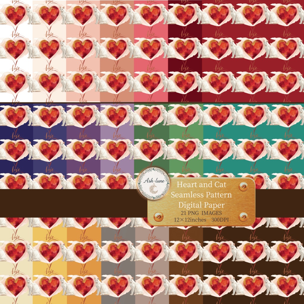 ハートと猫のデジタルペーパー21枚セットシームレスパターン