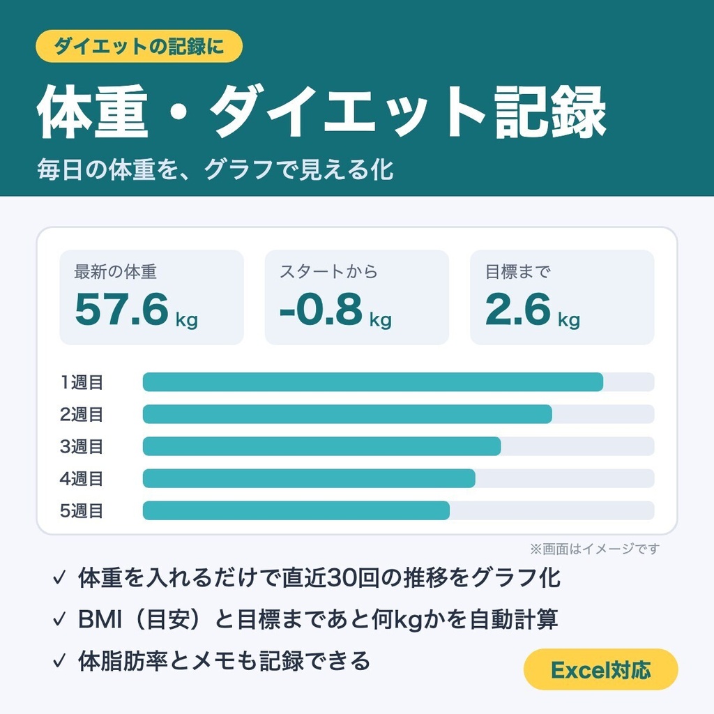 体重・ダイエット記録｜毎日の体重を、グラフで見える化（Excel対応）