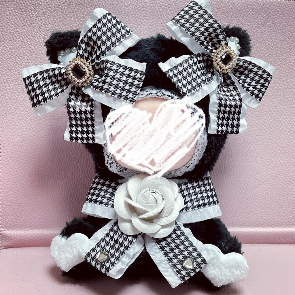 おすわりMサイズぬい服♡ホワイトカメリア✖️千鳥格子リボンねこ🤍🖤(裏地あり)