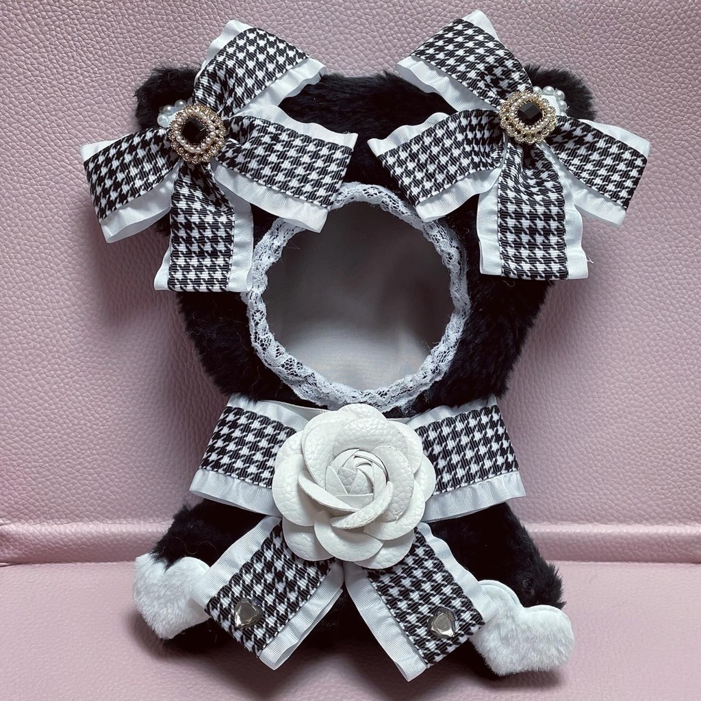 おすわりMサイズぬい服♡ホワイトカメリア✖️千鳥格子リボンねこ🤍🖤(裏地あり)