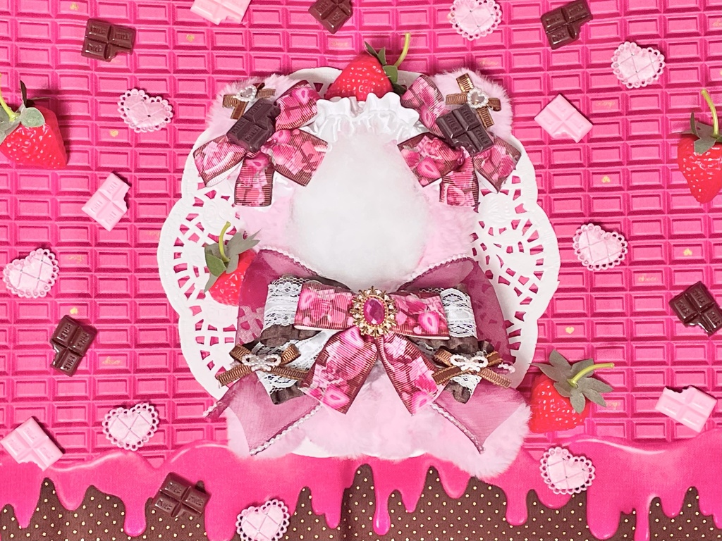 ※SM中間＋サイズぬい服🍓🍫🎀strawberry with milk chocolate pearl ribbon(裏地あり)
