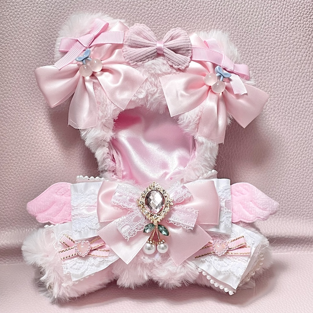 SM中間サイズぬい服🌸🫧🍒Sakura clear pink cherry pearl ribbon(裏地あり)