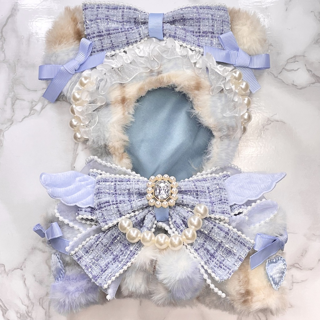 Mサイズぬい服💠Skyblue tartan check pearl tweed ribbon angel(裏地あり)