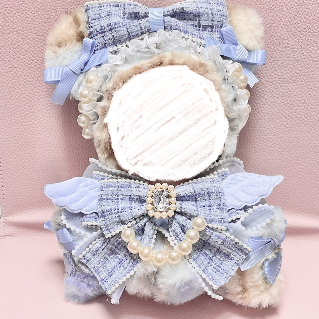 Mサイズぬい服💠Skyblue tartan check pearl tweed ribbon angel(裏地あり)