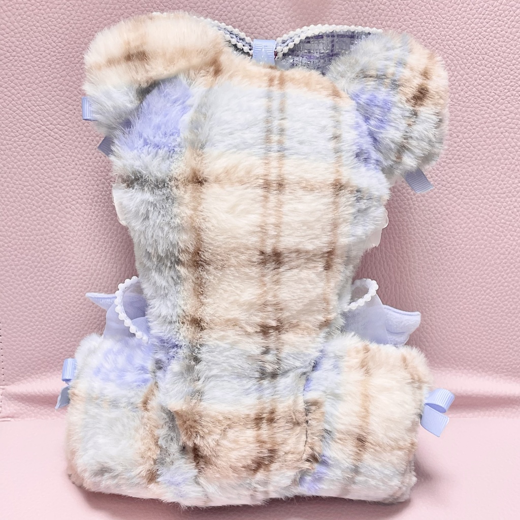 Mサイズぬい服💠Skyblue tartan check pearl tweed ribbon angel(裏地あり)