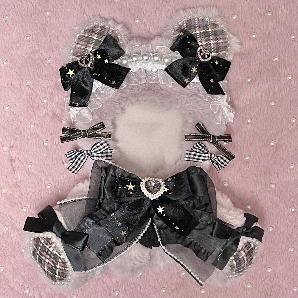 Mサイズぬい服🖤💜Black twinkle velours ribbon grayish purple fur(裏地あり)