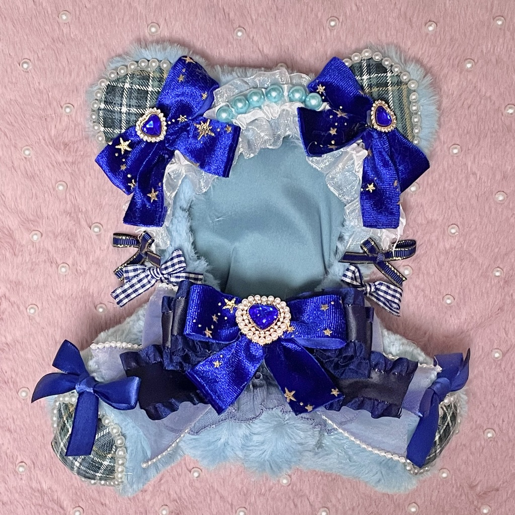 Mサイズぬい服💙Blue twinkle velours ribbon sax blue fur(裏地あり)