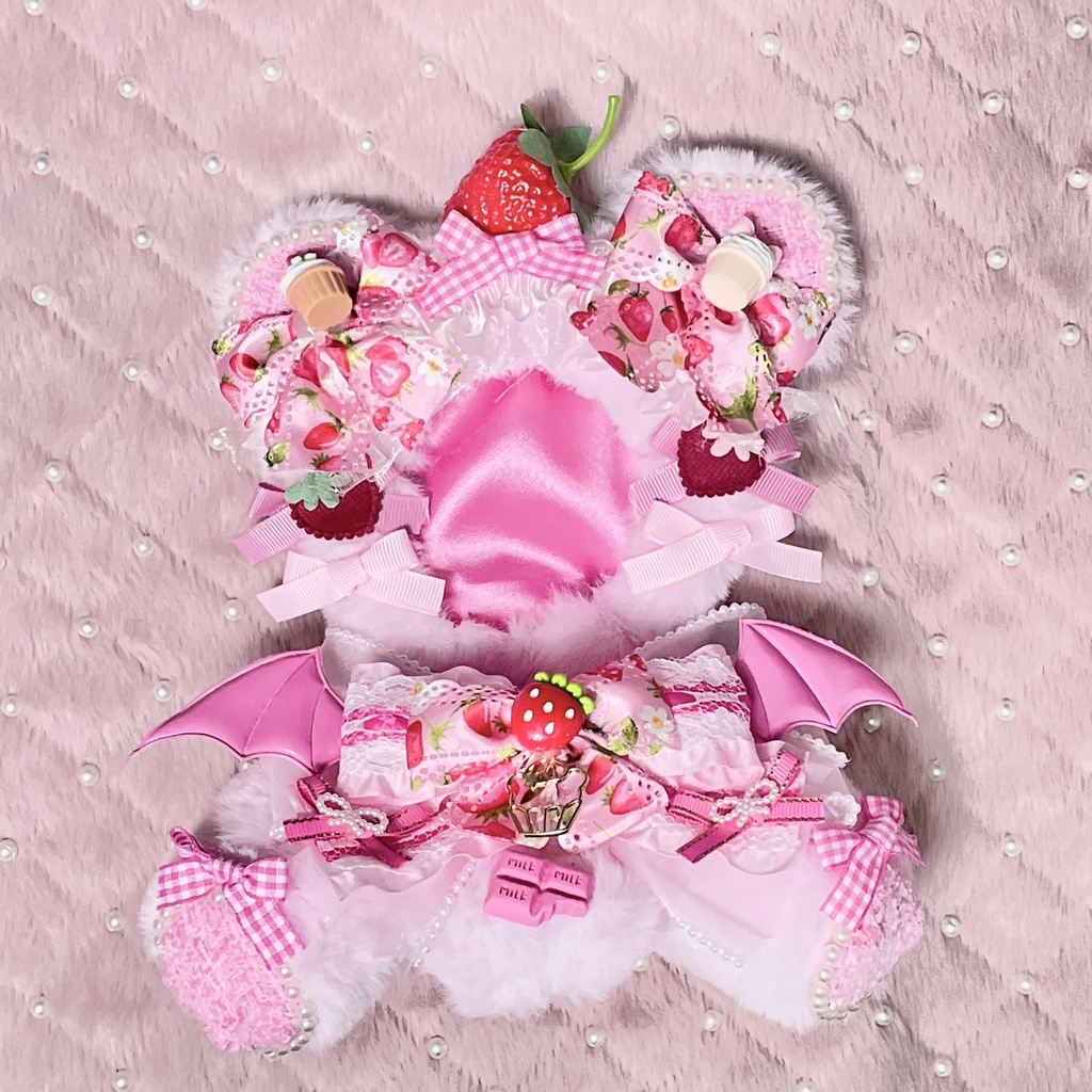 Mサイズぬい服🍓🧁Strawberry cupcake pearl ribbon devil(裏地あり)