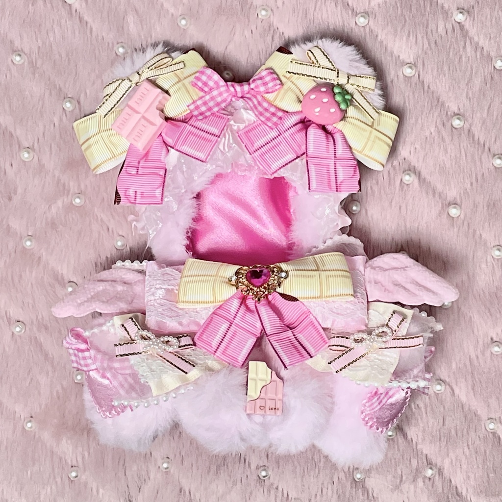 Sサイズぬい服🤍🍓🍫strawberry&white chocolate pearl ribbon angel(裏地あり)